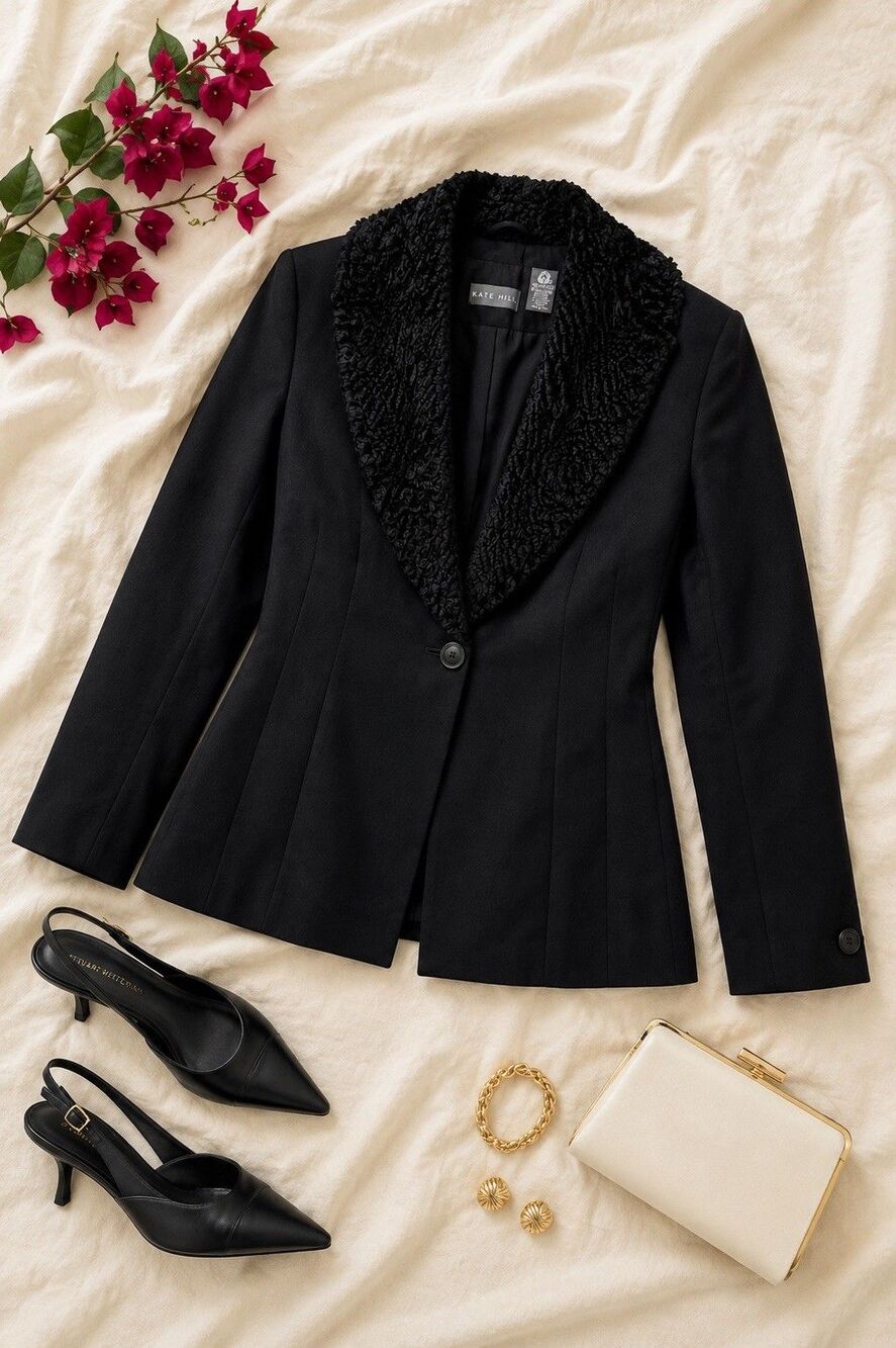 Kate Hill Black Wool Cashmere Blazer Size 14 Faux Fur Collar